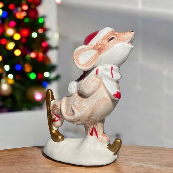 Mouse Mice in Santa Hat Ice Skating Ceramic & Porcelain Figurine Christmas Decor - Picture 8 of 10